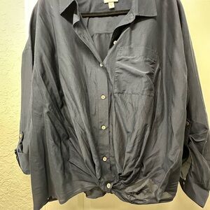 J Jill Navy Button-Up Shirt with Front Knot